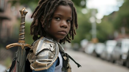 A young boy with dreadlocks and armor standing on the street. Generative AI.