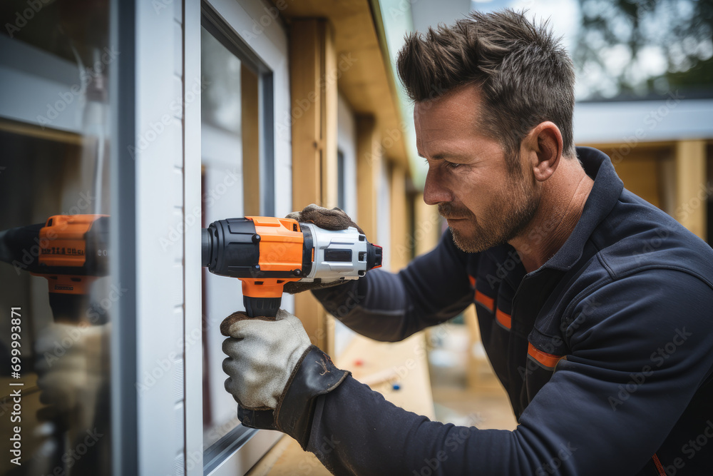 Aufkleber a man installing door lock with drill. generative ai.