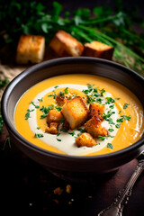 Cream soup with croutons in a plate. Selective focus.