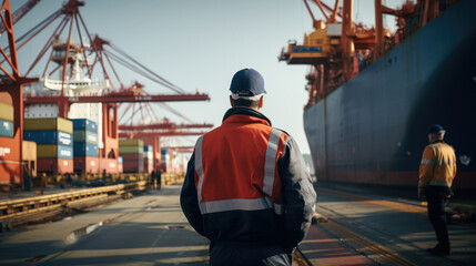 Engineer monitoring cargo operations in port. Generative AI. - obrazy, fototapety, plakaty