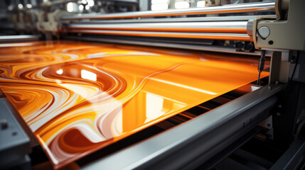 Machine digital printing light orange cotton cloth. Generative AI. - obrazy, fototapety, plakaty