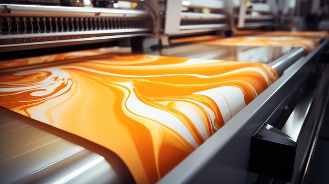 Machine digital printing light orange cotton cloth. Generative AI.