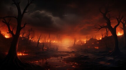 Landscape dark molten burning red planet, Fire, Burning, Smoke, Large black dead trees. Generative AI.