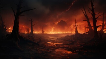 Landscape dark molten burning red planet, Fire, Burning, Smoke, Large black dead trees. Generative AI. - obrazy, fototapety, plakaty