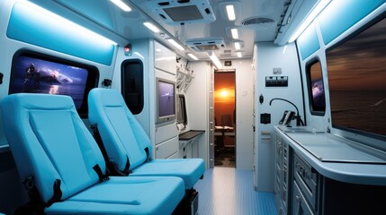The interior of an ambulance customised wall to wall digital screens showing scenic. Generative AI.