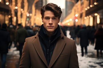 A men with with short straight brown hair in long coat standing in Christmas in New York. Generative AI. - Powered by Adobe