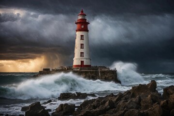 Fototapeta na wymiar A marine lighthouse during a severe storm