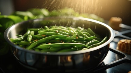Green beans in a pot of boiling water with a timer visible in the background. Generative AI.