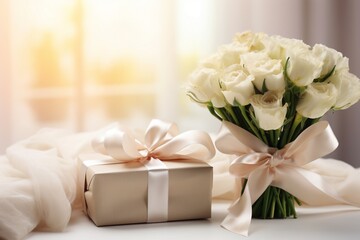 bouquet of white roses and gift box