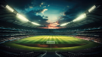 Cricket stadium with neon environment. Generative AI. - obrazy, fototapety, plakaty