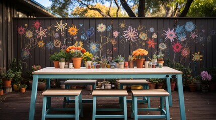 Fototapeta na wymiar A photo of a diy craft table inside of a backyard birthday
