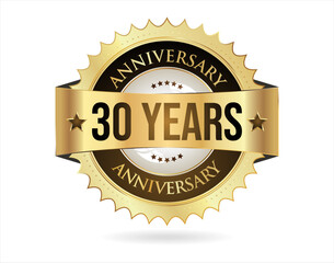 Anniversary golden label with ribbon vector illustration