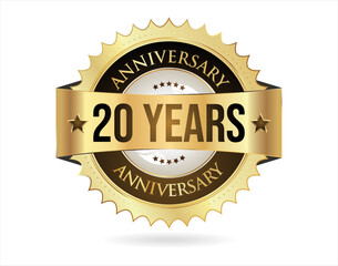 Anniversary golden label with ribbon vector illustration