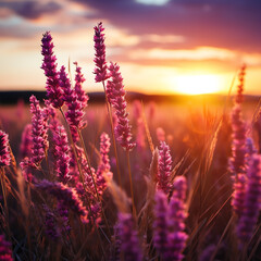 lavender field at sunset, blank space for copying text 