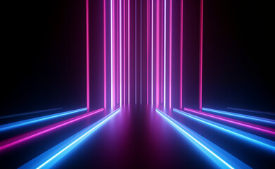 Abstract background with vertical pink blue neon lines glowing in the dark.