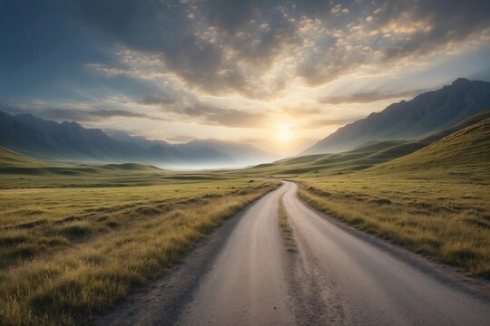 A serene landscape with a winding road leading towards a vanishing point.