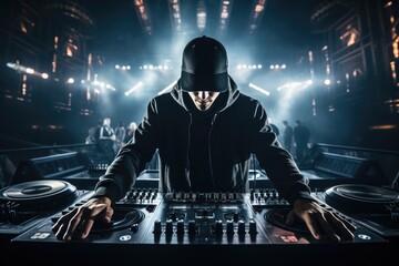 Obraz na płótnie Canvas Techno dj in underground club standing at mixing table. Generative AI.