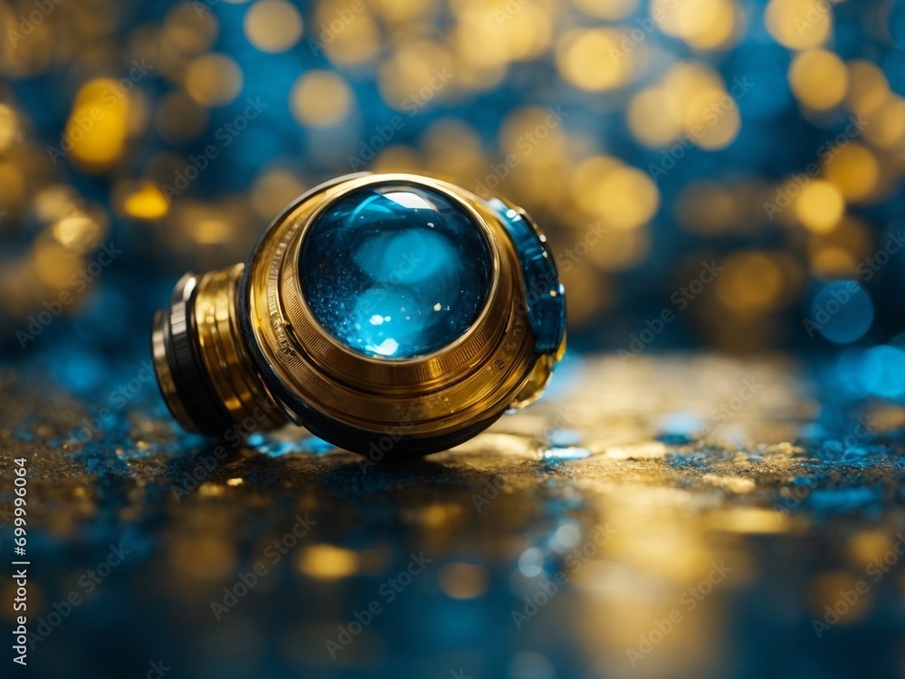 Poster blue and gold abstrack background and bokeh with Generative AI Techonology
