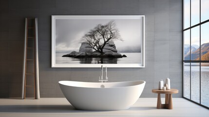 Minimalist bathroom interior with big image. Generative AI.
