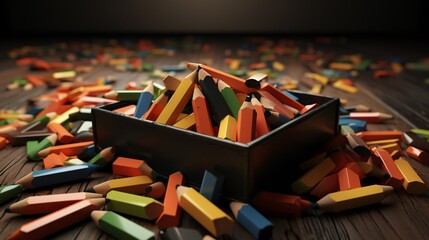 broken crayons, a box of broken crayons as a metaphor for stolen creativity and joy - obrazy, fototapety, plakaty