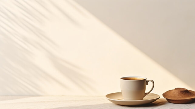 Morning concept with coffee cup on plate beige table
