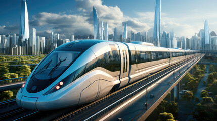 The high-speed train travels through a modern city. Generative AI. - obrazy, fototapety, plakaty