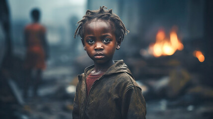 Portrait of a dark-skinned girl in the slums. A little girl looks at the camera with sad emotions. The problem of hunger and poverty in Africa. - obrazy, fototapety, plakaty