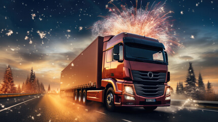 Modern truck on the road with fireworks in the sky. Generative AI.