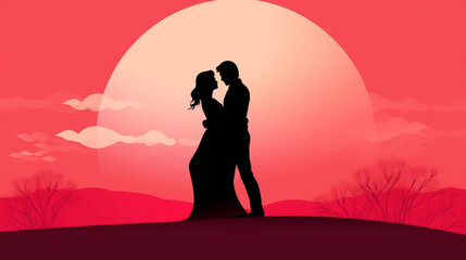 copy space, simple vector illustration, silhouette of a man and woman hugging, valentine's poster, red and pink tones. Beautiful background or for valentine’s day. Beautiful background. Valentine’s ca