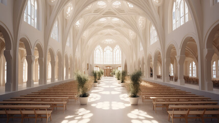 Fototapeta premium A wedding venue with a central open space in a vaulted arch shape. Generative AI.