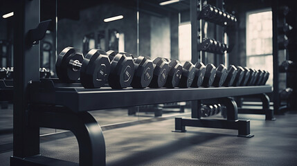 Gym interior background of dumbbells on rack in fitness and workout room 