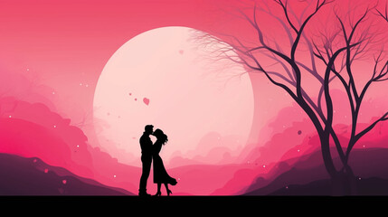 Fototapeta premium copy space, simple vector illustration, silhouette of a man and woman hugging, valentine's poster, red and pink tones. Beautiful background or for valentine’s day. Beautiful background. Valentine’s ca