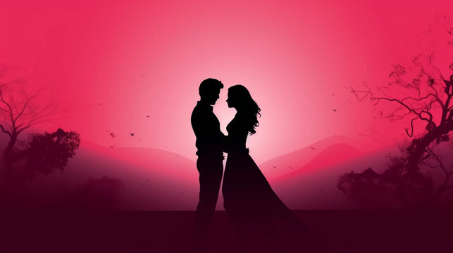 Copy Space, Simple Vector Illustration, Silhouette Of A Man And Woman Hugging, Valentine's Poster, Red And Pink Tones. Beautiful Background Or For Valentine’s Day. Beautiful Background. Valentine’s Ca