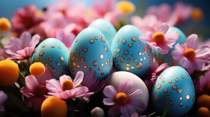 Happy easter day celebration concept, Colorful Easter eggs and flowers background. Generative AI.