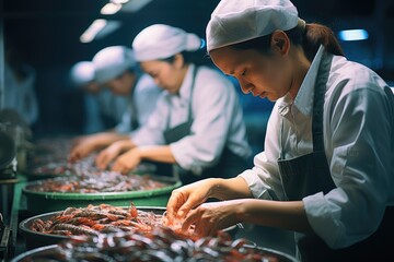 A shrimp factory workers working in a factory. Generative AI. - obrazy, fototapety, plakaty