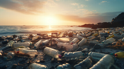 The environment is being destroyed by waste water bottles on the beach. Ai generate.