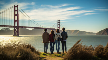 A group of tourists arrives at the Golden Gate Bridge in San Francisco. Ai generate.