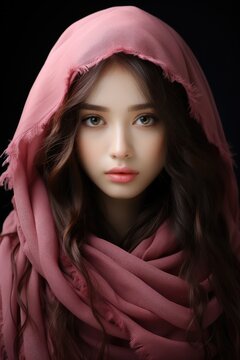 Chinese girl looking at the camera with a pink scarf. Generative AI.