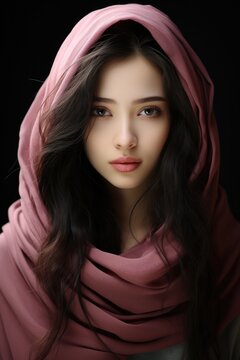 Chinese girl looking at the camera with a pink scarf. Generative AI.
