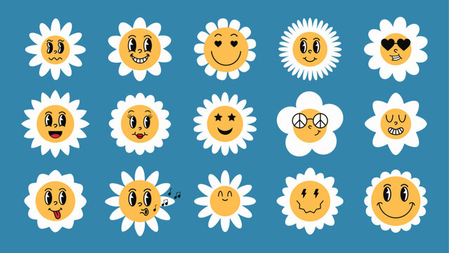 Set groovy chamomile flowers with funny faces. Daisy wheel cartoon character emotion stickers. Retro cartoon vector illustration