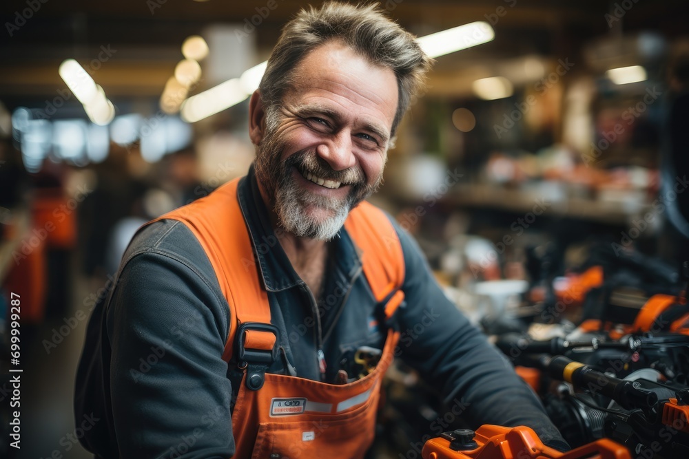 Poster happy middle aged worker in powertools shop. generative ai.
