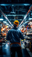 Fototapeta premium Male worker back in workshop car manufacturing plant against background robotic assemblers, disassembled bodies under neon lighting from halogen lamps. Automotive industry. Automated assembly lines