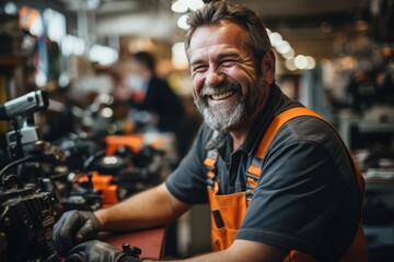 Obraz premium Happy middle aged worker in powertools shop. Generative AI.