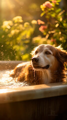 Senior smiling man washes a happy Labrador dog with his hands in a tub of water in the warm sunlight. The bond between people and pets. Care and therapeutic communication with pets. Loneliness