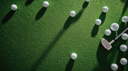 Golf club and golf balls on green grass. Golf banner background copy space.