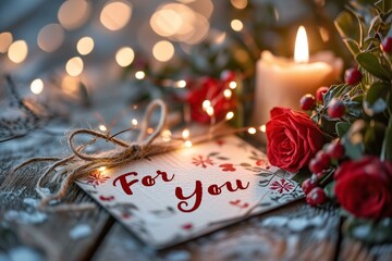 A "For You" card surrounded by red roses and candle light.