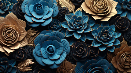 Close-up of chaotic gold leaf paper flowers with blue petals.
