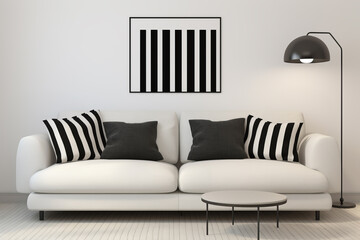 A minimalist living room with a white couch and a lamp, featuring clean lines and abstract art.