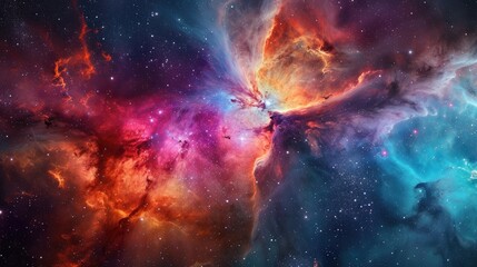 Obraz na płótnie Canvas Breathtaking close up of vibrant nebula in the night sky, a view from outer space background, colorful abstract nebula space galaxy