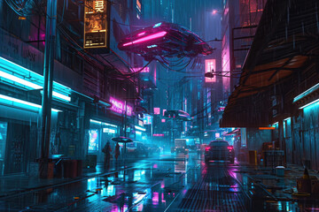 A surreal cyberpunk cityscape at twilight, where neon lights reflect on rain-soaked streets